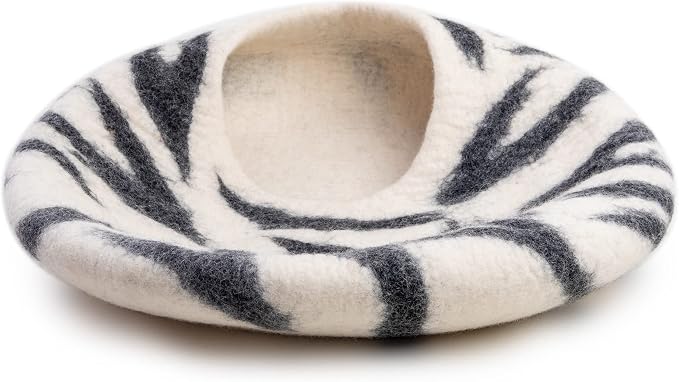 Luxurious Merino Wool Cat Cave - Foldable Hideaway Pod for Indoor Cats - Premium Felt Kitten Pet Enclosure - Covered Cat House for Ultimate Cozy Comfort by Woolygon (Zebra)