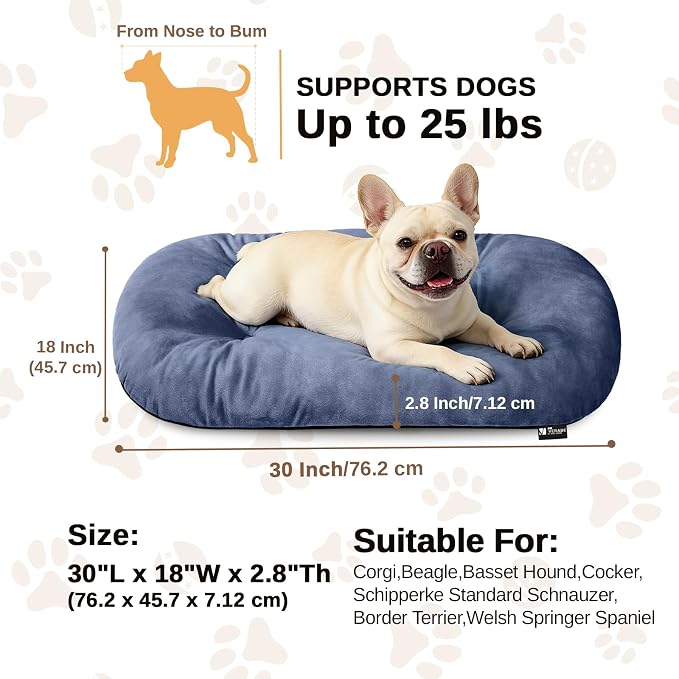 Washable Oval Medium Dog Bed, Silver-Tipped High-Resilience, Dusty Blue | Non-Slip Bottom Prevents Sliding, Soft Plush Short Fur, Machine Washable, Ideal for Crates/Apartments/Cozy Nooks,29"x18"x2.8"