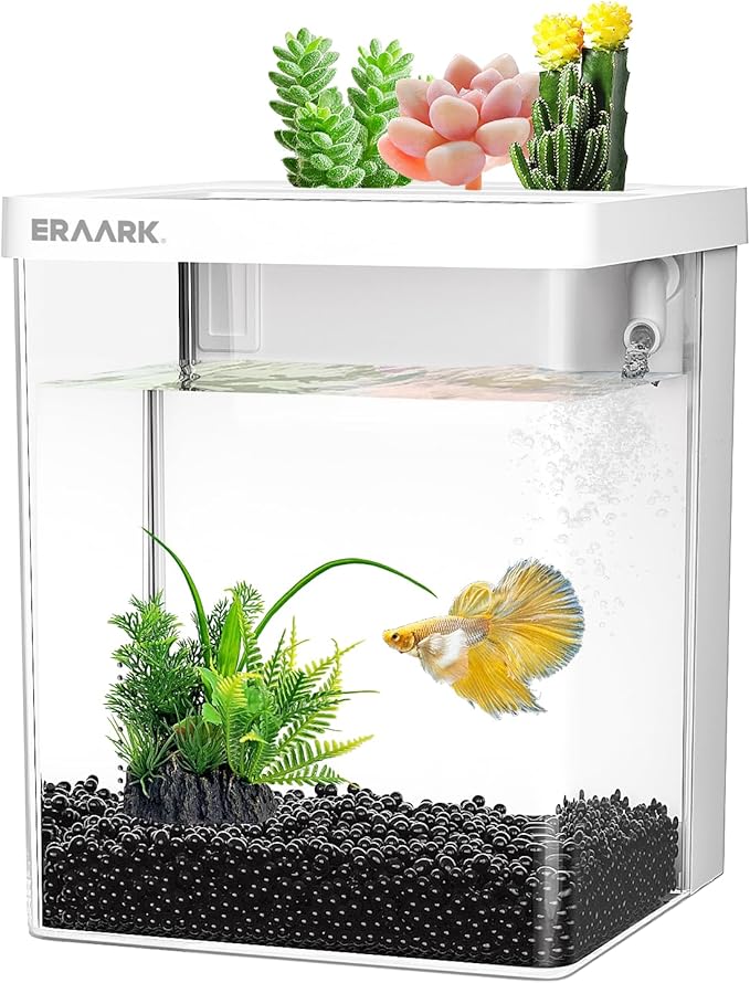 Small Fish Tank Aquarium kit 1.5 Gallon Betta Fish Tank with Silent Water Pump Filter LED Light,Fish Bowl (White)