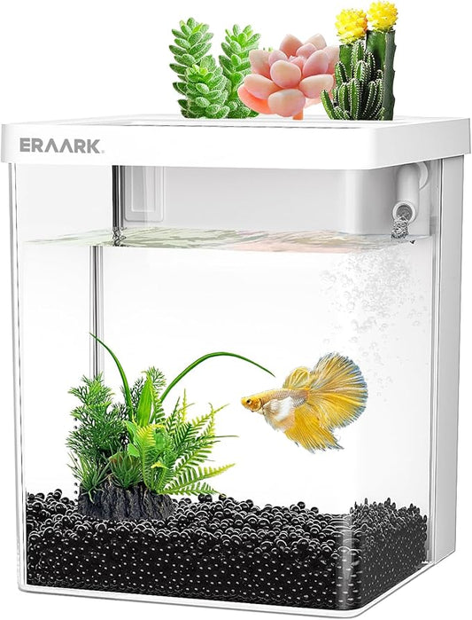 Small Fish Tank Aquarium kit 1.5 Gallon Betta Fish Tank with Silent Water Pump Filter LED Light,Fish Bowl (White)