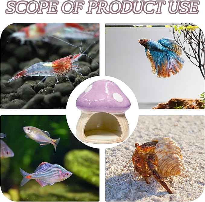 Betta Fish Tank Accessories, Ceramic Mushroom House Aquarium Decor - Cute Purple Hideout Cave Ornament for Small Fish, Shrimp, Goldfish, Hamsters & Reptiles (Purple)