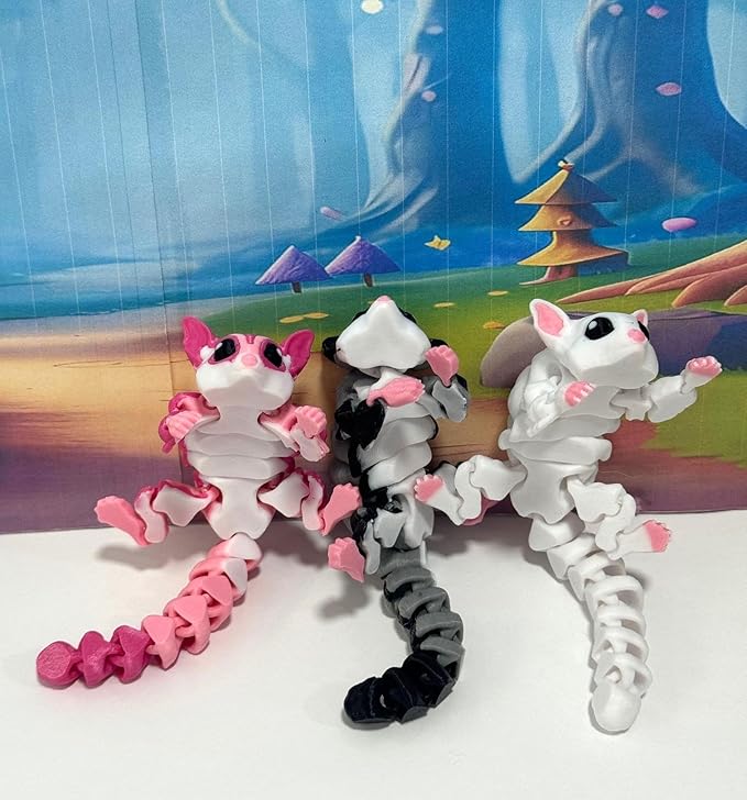 3pcs Articulating Sugar Glider Toy with 1 Tree Stump, White Pink Gray Sugar Glider Fidget Toy – Fun, Flexible & Portable Gift for Sugar Glider Lovers - 3D Printed in USA - ASG001-ASS-TS-1