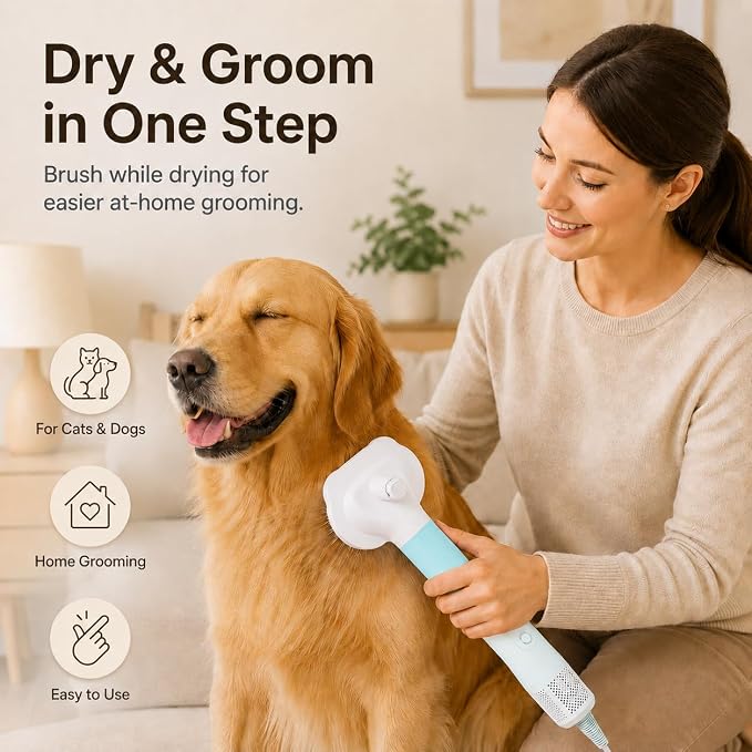 Pet Hair Dryer with Grooming Brush, Dog Blow Dryer, 3-in-1 Cat Blower, Blue | 110,000 RPM Pet Blower with One-Click Hair Removal, 3 Heat & 2 Speed Settings for Professional Home Grooming