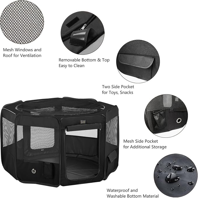 Dog Playpen Portable Pet Play Pens for Small Dog/Cat/Rabbit/Chicks, Cat Playpen Indoor/Outdoor with Carring Case, Removable Zipper Top and Bottom (Black, Large (46"x46"x23"), 8)