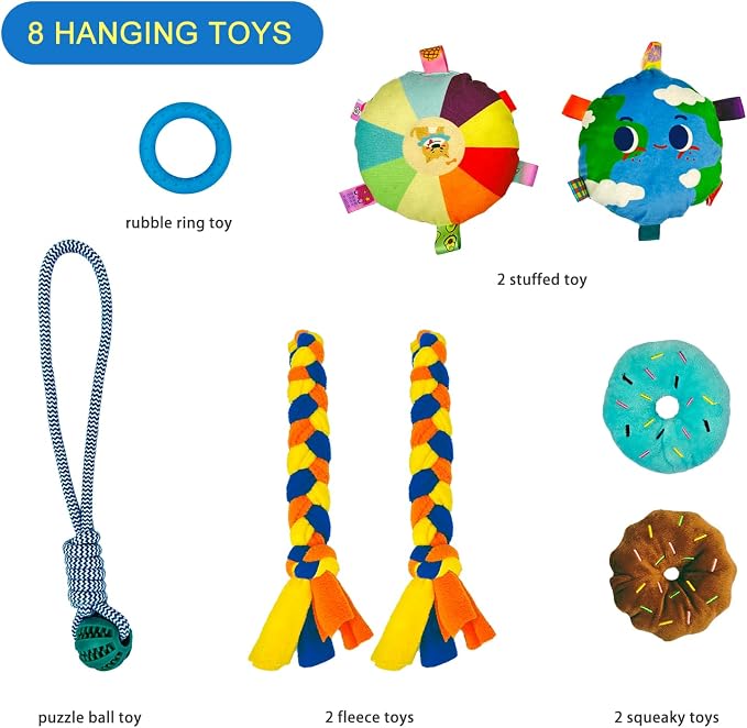 Puppy Play Gym with 8 Hanging Toys, Small Dogs Indoor Enrichment Jungle Gym | PVC Frame with Bungee Straps Playgym Activity Center,with Teething Toys,Fleece Tug Toys,Squeaky Toys,19.5*19.5*19.5in