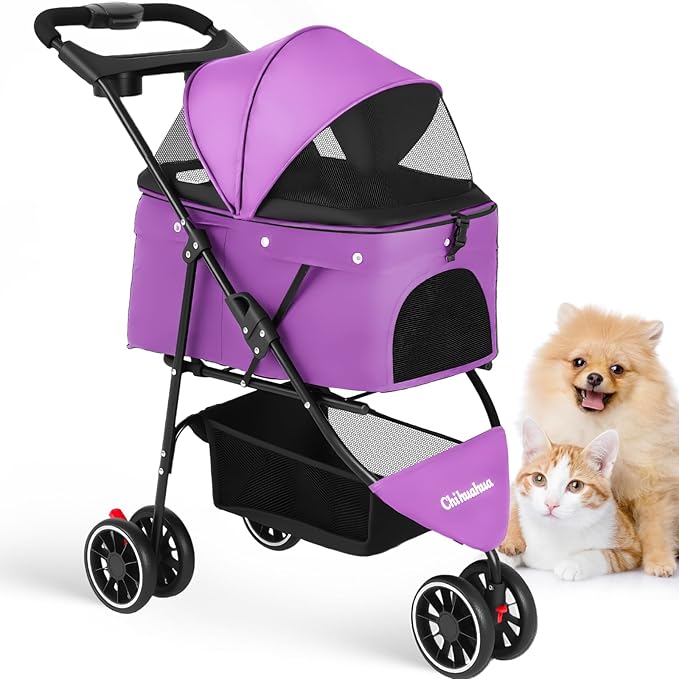 Pet Stroller,Dog Stroller for Small Medium Dogs Cats,3 Wheels,Purple | Foldable,with Breathable Mesh Canopy,Cup Holders,Easy Assembly