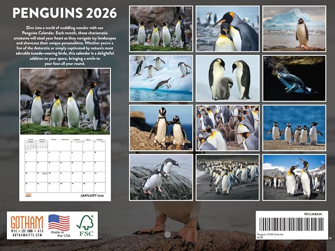 Penguin Calendar 2026 Wall Monthly Penguins Gifts For Penguin Lovers Women Men | American Made In The USA