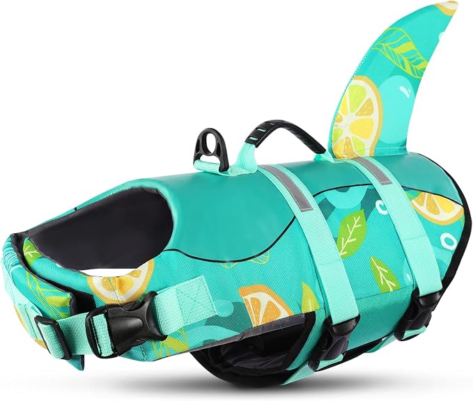 Dog Life Jacket with Rescue Handle - Adjustable Reflective Dog Vest for Swimming, Medium Dog, Green Print M