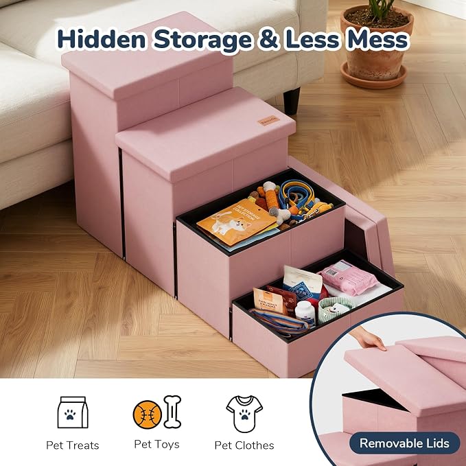 4-Step Wide Dog Stairs with Storage 23" H, Non-Slip Sturdy Pet Steps for High Bed Couch Window, Pet Stairs for Small/Medium/Large Old Dogs Cats Up to 220lbs, Cat Dog Steps for Car/SUV, Pink