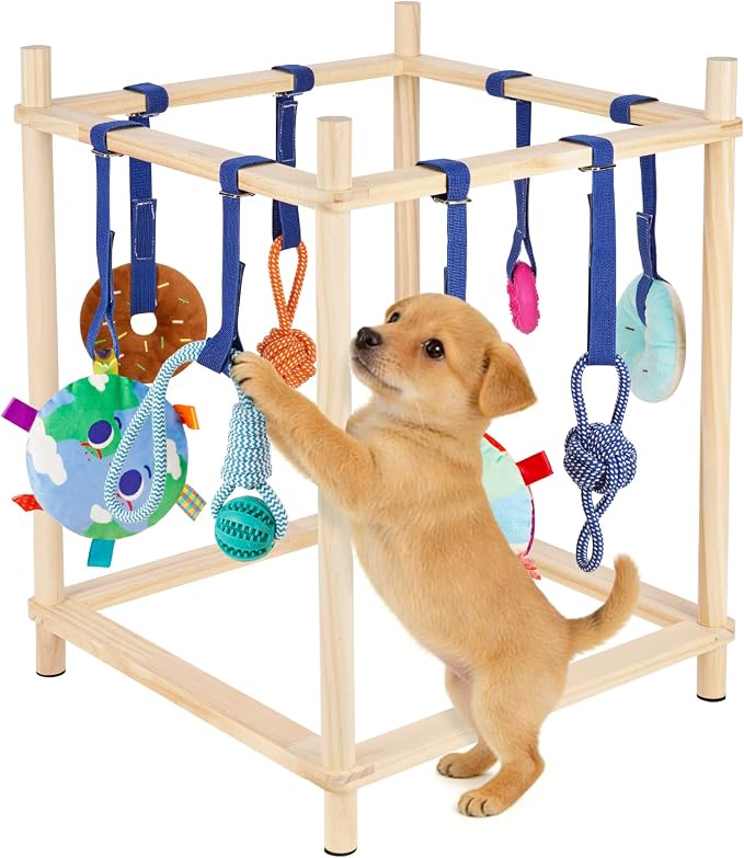 Wooden Puppy Play Gym for Small Dogs with 8 Hanging Toys | Wood Puppy Jungle Gym Indoor & Dog Enrichment Toys for Puppies 0-6 Months