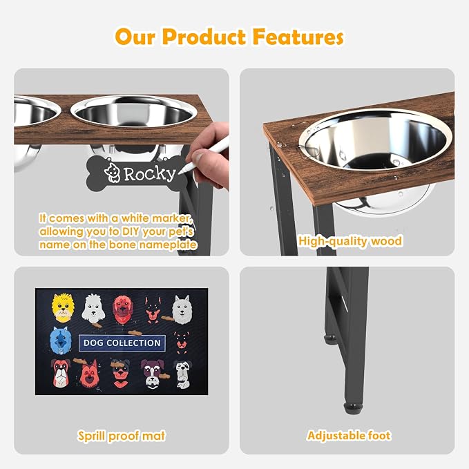 10" Tall Elevated Dog Bowls, Wooden & Metal Raised Dog Bowl Stand with 2 Stainless Steel Bowls-1700ml Capacity & Non-Slip Mat, Easy-Clean for Indoor/Outdoor Use