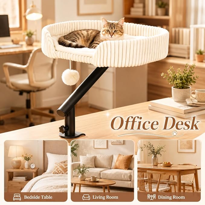 Cat Desk Bed with 3 Mats for All Seasons, 360° Rotating Adjustable | Clamp-On Desk Cat Bed with Reversible Plush Cushion, Sisal Scratch Mat, Cooling Mat & Hanging Ball, Supports 50 lbs, White