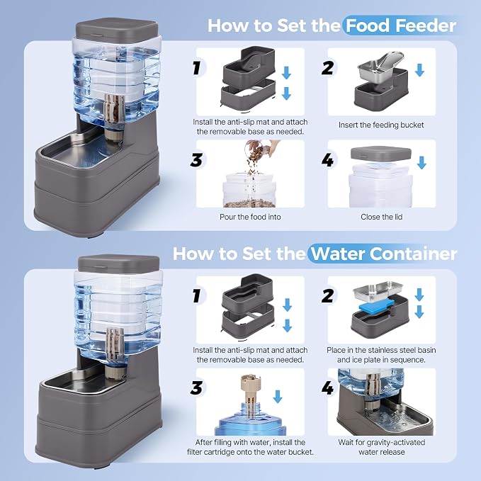 Automatic Cat Feeder and Water Dispenser with Stainless Steel Bowl with Ice Pack Gravity Food Feeder and Waterer Set Feeding Raised Bowls with Filter for Dog 1.3 Gallon x 2(Grey)