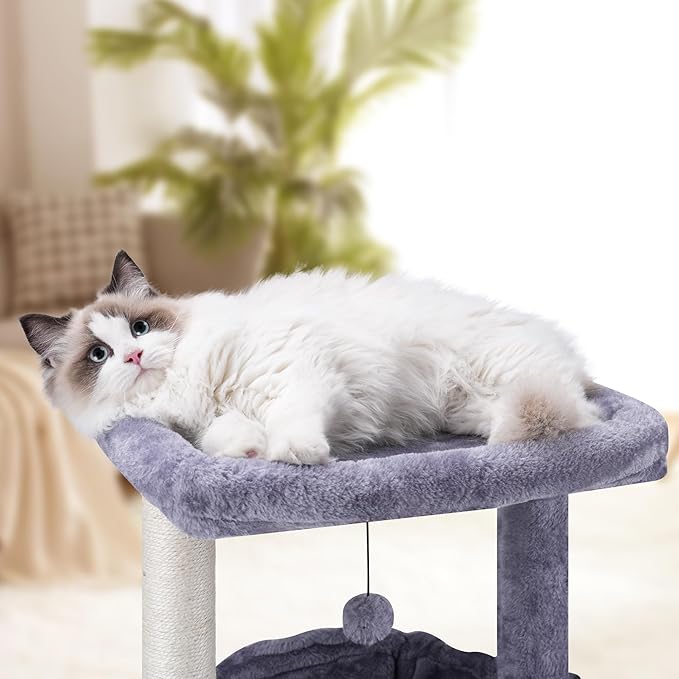AIWIKIDE 37.4" Cat Tree Tower with Twin Cat Condos for Indoor Cats, All-in-One Activity Center with Cat Scratching Post Cozy Sleeping Perch Hammock and Toy Balls,Grey