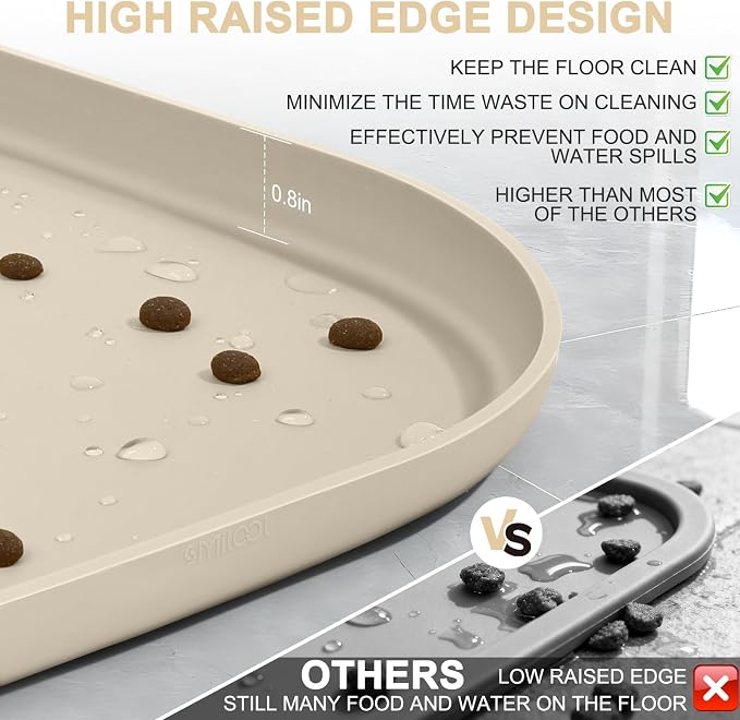 SMILOOL Waterproof Silicone Pet Food Mat with Raised Edge for Dog & Cat | 24" x 16" Non-Slip Pet Feeding Mats with Lip for Food & Water Bowl, Food Grade, Easy Cleaning, Beige