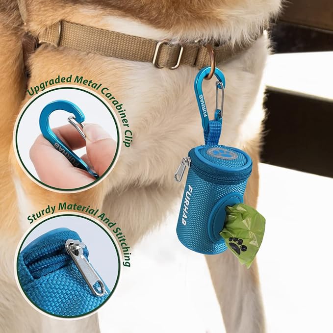 FURHAB Dog Poop Bag Holder for Leash Doggie Waste Bag Dispenser Soft Fabric Puppy Potty Carrier Small Doggy Zipper Pouch with Carabiner Clip 1680D Nylon Oxford with 1 Roll of Pet Trash Bags, Sky Blue