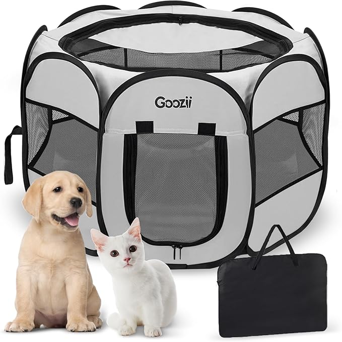 Goozii Pet Cat Playpen for Indoor Cats Enclosed, Puppy Dog Play Pen for Outdoor Travel Camping (Medium Size, Light Grey)