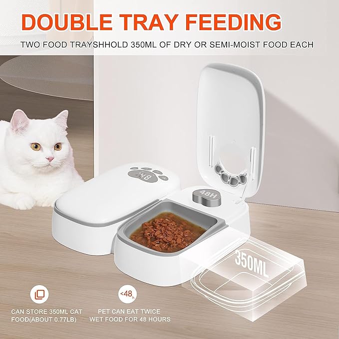 Automatic Pet Feeder for Cats and Dogs, 2 in 1 Upgraded-chip Timed Dry Pet Food Feeder with Display, 48 Hours Retain Freshness for Semi Wet Food, Healther Meal for All Home Pets.