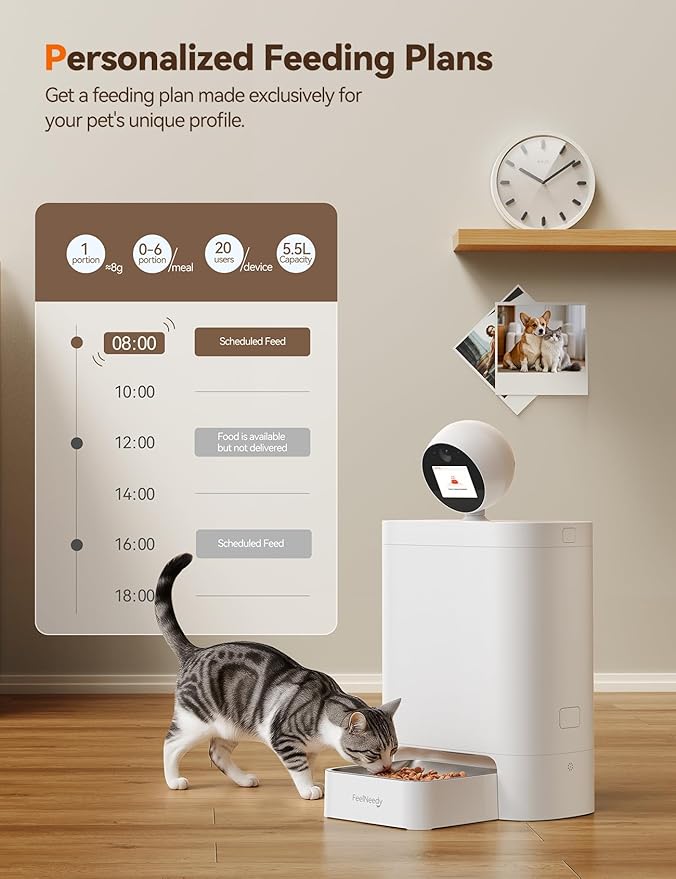 Automatic Cat Feeder with Camera 360°, 2K HD with Night Vision & 2-Way Audio Auto Dog Feeder, 2.4G/5G Smart Pet Feeder with Display & APP, 5.5L Video Recording Timed Food Dispenser for Cats/Dogs