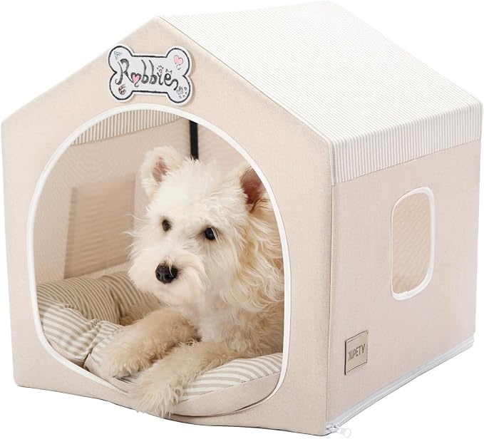 Indoor Dog House with Frame,Cute Dog Tent Bed with Cover Cave,Beige | Breathable,Washable,and Foldable House, Suitable for 8-16 Lb Puppy and Cats, Medium (17"×17"×17"),Inside Dog House