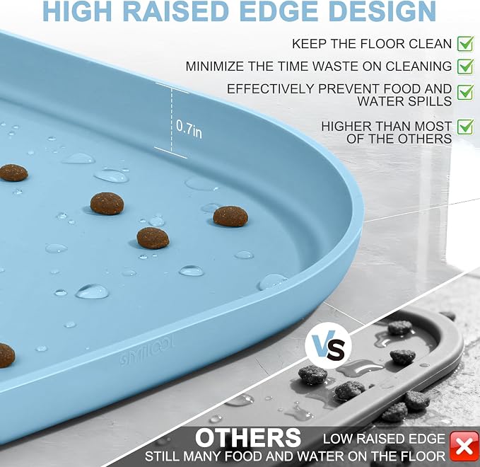 SMILOOL Waterproof Silicone Pet Food Mat with Raised Edge for Dog & Cat | 19" x 12" Non-Slip Pet Feeding Mats with Lip for Food & Water Bowl, Food Grade, Easy Cleaning, Light Blue