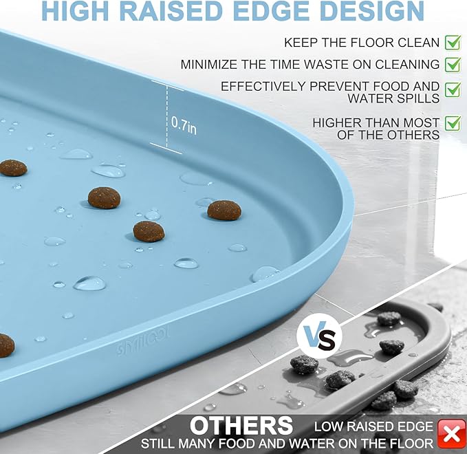 SMILOOL Waterproof Silicone Pet Food Mat with Raised Edge for Dog & Cat | 12" x 12" Non-Slip Small Pet Feeding Mats with Lip for Food & Water Bowl, Food Grade, Easy Cleaning, Light Blue