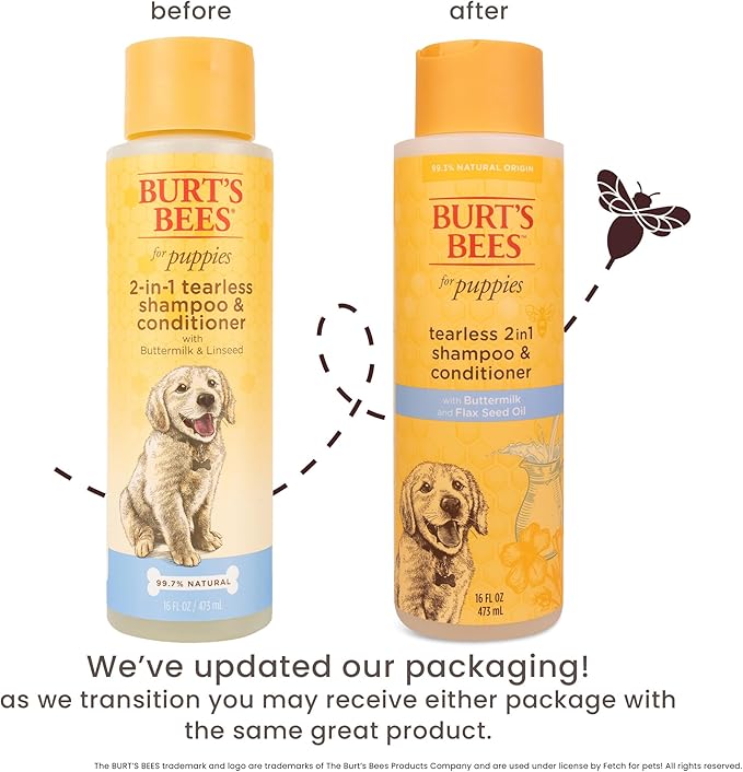 Burt’s Bees for Pets Tear Free Puppy Shampoo & Conditioner with Buttermilk, 2 in 1 Gentle Dog Shampoo for Puppies, Cleans and Conditions Sensitive Skin, 16 Fl Oz