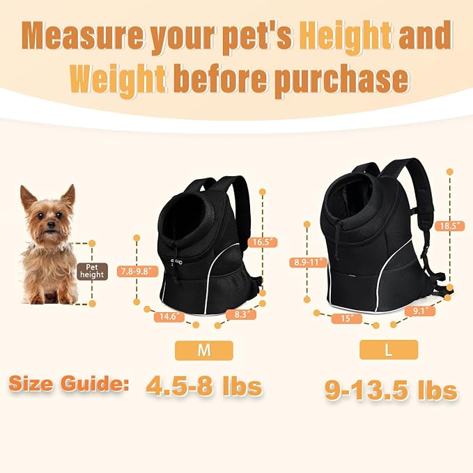 YUDODO Dog Front Carrier Backpack, Adjustable Breathable Dog Backpack | Ventilated, Safety Belt, Lightweight, Reflective Strip, Pocket Storage, For Walking Hiking Outdoor, Jet Black, L