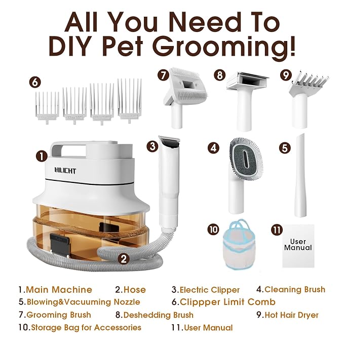 Dog Grooming Vacuum Kit with 4L Dust Cup, 6 Pet Grooming Tools for Home Grooming, Low-Noise Pet Hair Grooming System for Dogs & Cats