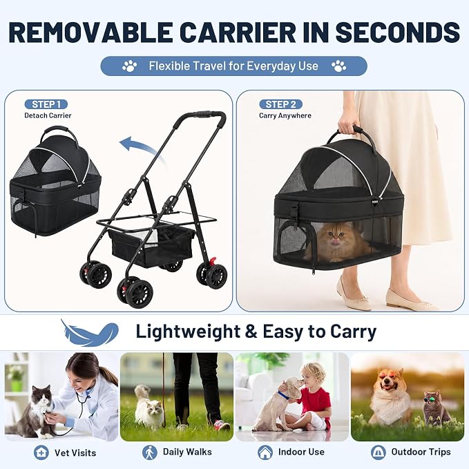 Dog Stroller for Small Dogs, Panoramic Mesh Pet Cat Stroller with Detachable Carrier, Foldable Pet Stroller up to 35 lb, with Safety Tether, Puppy Doggie Stroller for Medium Dogs 20 lbs Black