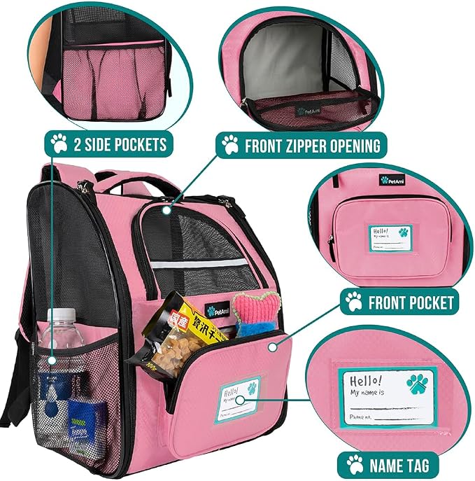 PetAmi Dog Backpack Carrier for Small Medium Dogs Large Cats up to 18 lbs, 2 Side Entry, Structured No-Collapse Frame, Airline Approved Ventilated Pet Backpack for Hiking Camping Travel Vet, Pink