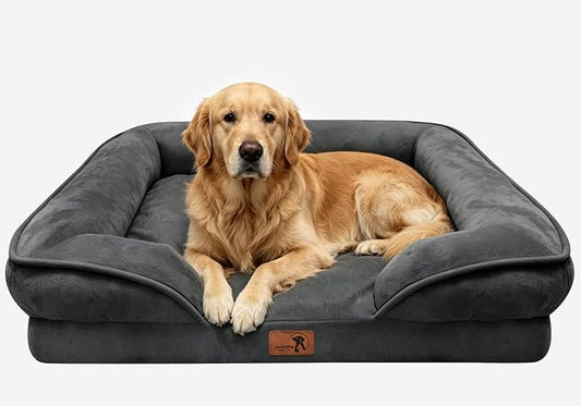 Spotted Play Orthopedic Dog Bed with Sides - Sofa Beds for Extra Large Dogs, Supportive Foam Pet Couch Bed with Washable Removable Cover, Waterproof Lining and Non-Slip Bottom, Dark Grey - XL
