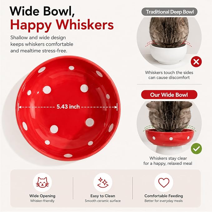 Red Mushroom Cat Bowl, Elevated Ceramic Bowl for Cats | Cute Mushroom, Elevated, Ceramic, Whisker Friendly, Wide Opening, Stable, Easy Clean