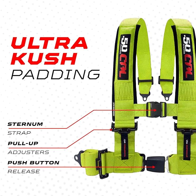 1pc 50 Cal Fluorescent Green 4 Point Harness 2in, Racing Harness Seat Belt | Ultra Kush padding, Push Button quick release hardware. Universal Fit for UTV, RZR, race car