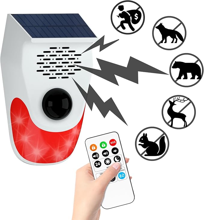 Solar Motion Sensor Alarm with Custom Voice Upload - 120dB Loud Noise Maker & Strobe Lights, Remote Control, IP65 Waterproof for Deer/Bear Deterrent, Chicken Coop Security, Pool Safety Alerts
