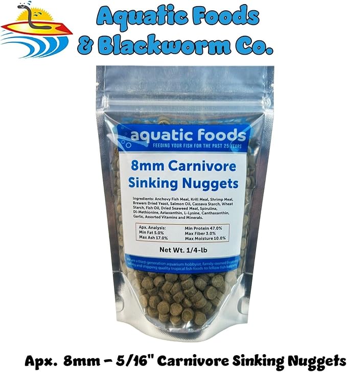 Aquatic Foods Inc. 8mm - 5/16" Carnivore Sinking Pellets for Carnivore Cichlids, Catfish, Monster Fish, Bottom Fish, All Large Fish, Also Koi & Pond Fish. - WL…1/4-lb Foil Pouch Bag