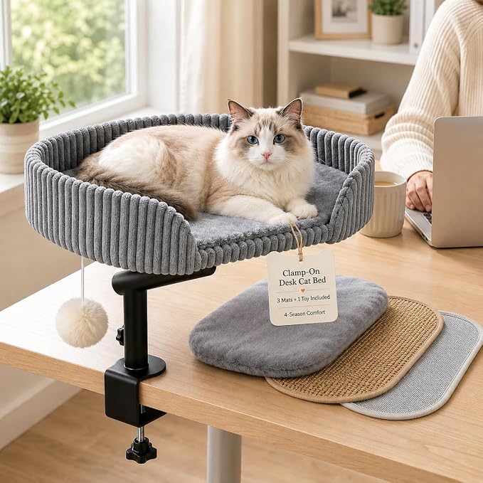 Cat Desk Bed with 3 Mats for All Seasons, 360° Rotating Adjustable | Clamp-On Desk Cat Bed with Reversible Plush Cushion, Sisal Scratch Mat, Cooling Mat & Hanging Ball, Supports 50 lbs, Grey