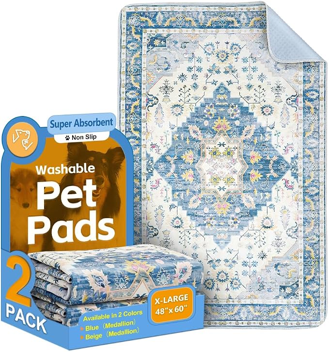 Washable Pee Pads for Dogs, 2 Pack Reusable Puppy Training Pads 60"x48" Super Absorbent Waterproof Dog Training Pads, Non-Slip Potty Pads, Whelping Pads Litter Mat Blue Medallion