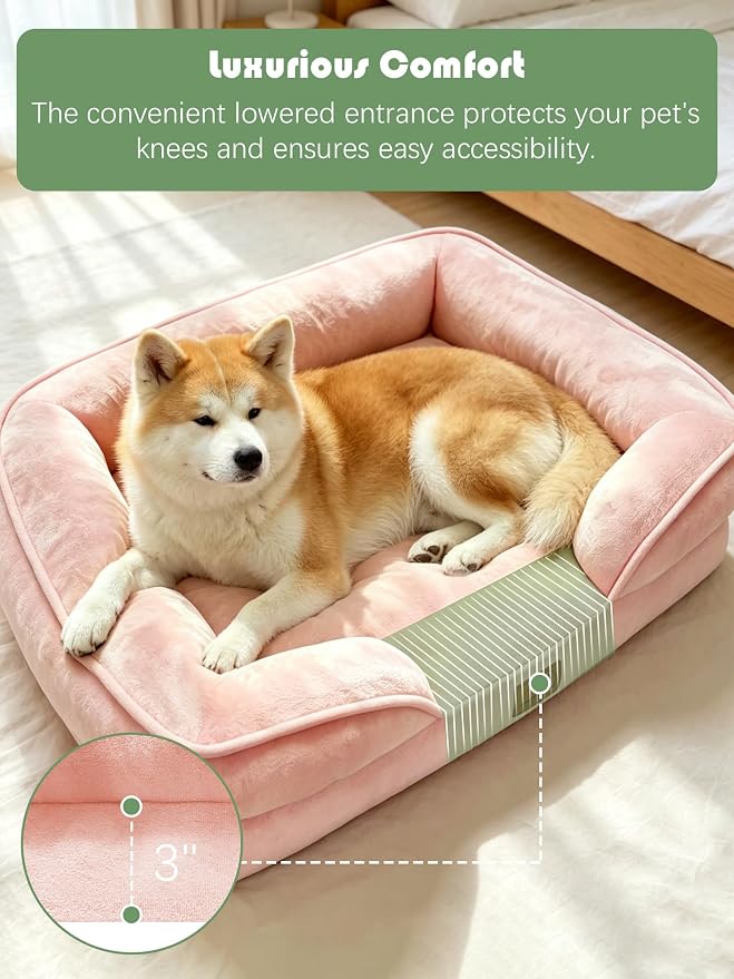 Spotted Play Orthopedic Dog Bed with Sides - Sofa Beds for Extra Large Dogs, Supportive Foam Pet Couch Bed with Washable Removable Cover, Waterproof Lining and Non-Slip Bottom, Pink - XL-Plus