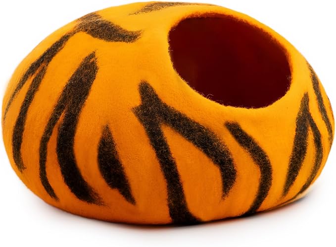 Luxurious Merino Wool Cat Cave - Foldable Hideaway Pod for Indoor Cats - Premium Felt Kitten Pet Enclosure - Covered Cat House for Ultimate Cozy Comfort by Woolygon (Tiger)