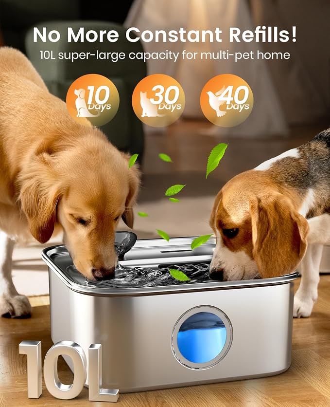 oneisall 10L/2.6Gal Dog Water Fountain for Large Dogs (with 1 Filter) | Deeper & Wider Drinking Area, Visualization Window & Triple Filtration,304 Stainless Steel Dog Water Bowl Dispenser
