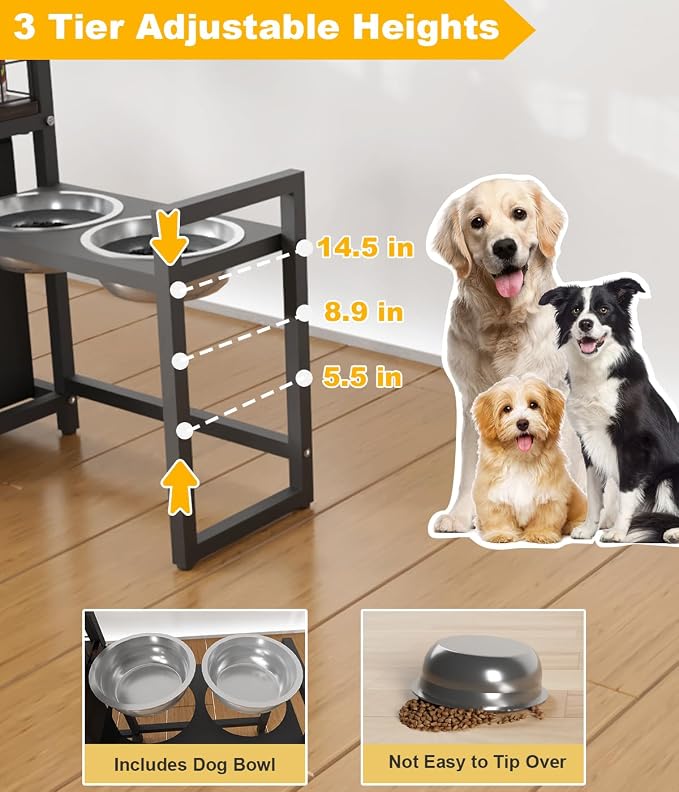 30.6Long x 26.2 High Elevated Dog Bowl Stand, Black | with Pet Food Storage Organizer,Adjustable Raised Feeding Station with Toy Basket for Large Medium Small Dogs and Cats
