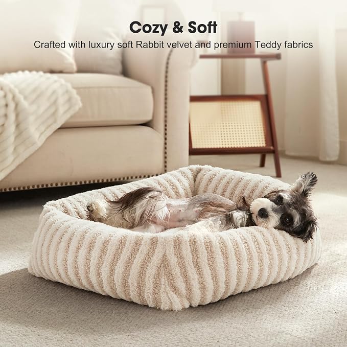 MIXJOY Dog Bed for Medium Sized Dogs, Washable Medium Dog Beds with Removable Cover, Rectangle Pet Beds with Non-Slip Bottom, Warming Calming Dogs Cuddler, 25"x21"x7", White