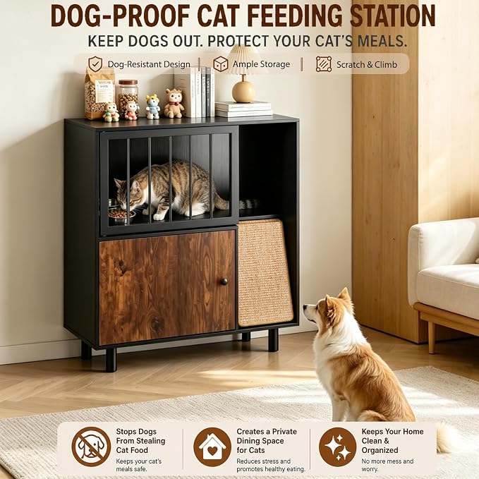 Dog Proof Cat Feeding Station with Storage Cabinet& 2 Stainless Steel Bowls, Elevated Cat Food Station with Scratching Board, Modern Wooden Cat House Furniture for Indoor Cats, Large Pet Cabinet