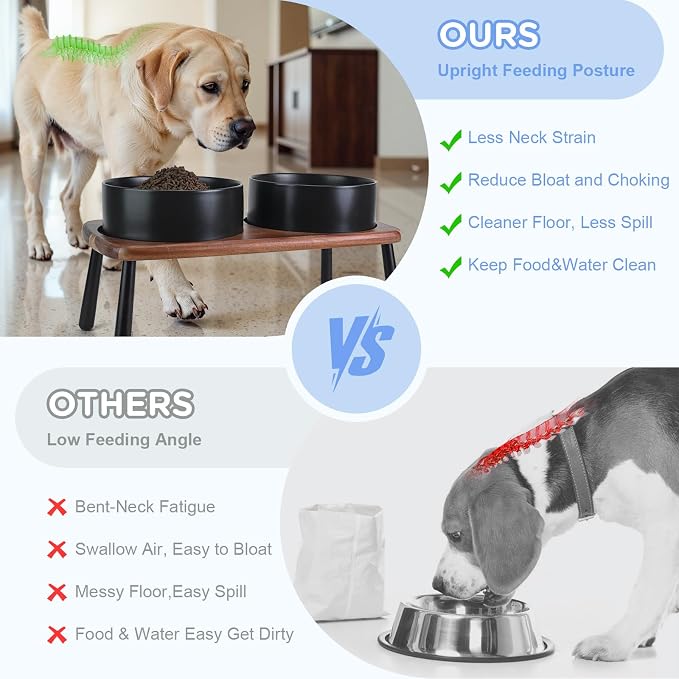 SPUNKYJUNKY Ceramic Elevated Dog Bowls Raised with Acacia Bamboo Wooden Stand, 8.3'' Dog Food Water Bowls Set Non-Slip for Medium Large Sized Breed Microwave Dishwasher Safe - 60 OZ,Black