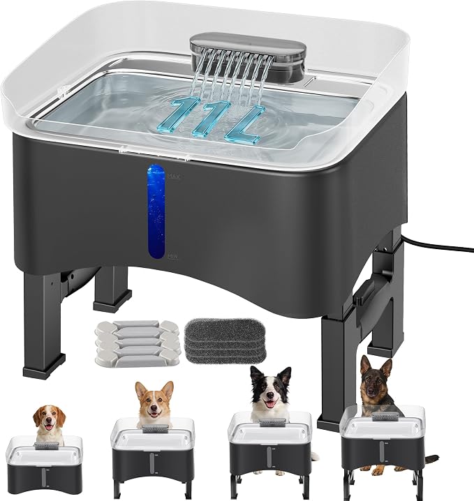 UPSKY 11L Elevated No-Spill Dog Water Fountain with 4 Adjustable Heights | Large Dog Water Dispenser, No-Splash, 304 Stainless Steel Tray, 5-Layer Filtration, for Large/Senior Dogs & Multi-pet Home