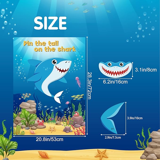 NEBURORA 2 Pack Pin The Tail on The Shark Party Game,2 Large 21"x 28" Posters with 48pcs Stickers for Multiplayer Shark Themed Birthday Party Supplies Decorations for Kids Boys Wall Home Decor