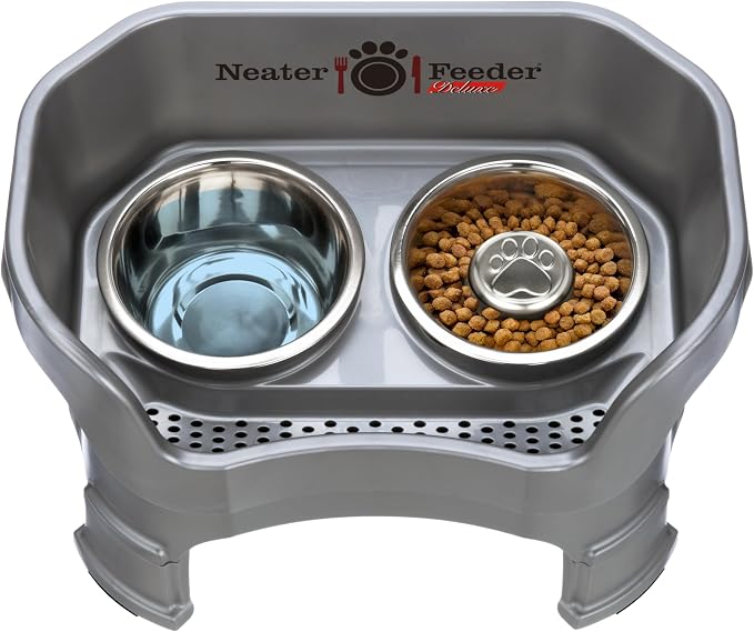 Neater Feeder Deluxe Mess-Proof Elevated Dog Bowls for Medium Dogs (19–40 lbs), 2 Height Adjustable (10” & 12.5”) No-Spill Raised Dog Bowl Stand w/Slow Feed Bowl for Food, Made in USA, Grey