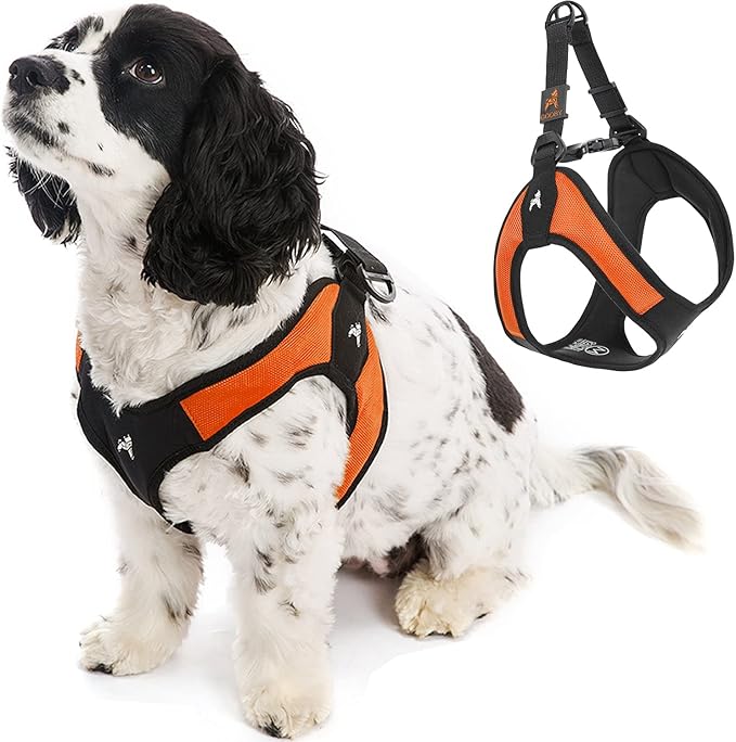 Gooby Escape Free Easy Fit Dog Harness, Step-in, Orange, Large | Patented escape-free frame; Contracts if they back out; Step-in easy on/off; Machine washable; Light POM leash ring