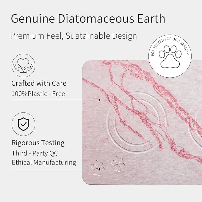 Diatomite Stone Pet Feeding Mat for Dog Cat Super Absorbent Diatomite Quick Drying Stone Dog Food Water Mat, Dog Mats for Food and Water with Non-Slip Station, Fast Dry Pet Mats, Marble Pink